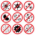 Anti bacterial icons. Stop of virus, germs and microbe, prohibition badges. Antibacterial and antiviral defense, protection from