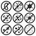 Anti bacterial icons. Stop of virus, germs and microbe, prohibition badges. Antibacterial and antiviral defense, protection from Royalty Free Stock Photo