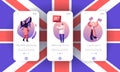 Anti Brexit Supporters Strike Mobile App Page Onboard Screen Set. People with Traditional Britain Flags for UK