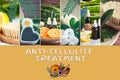 Anti-cellulite treatment consept. Photo and illustration, cartoon style. Organic, bio, natural cosmetics.