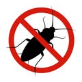 Anti cockroach, pest control. Stop insects sign. Silhouette of cockroach in forbidding circle, vector illsutration