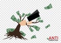 Anti corruption campaign by hand pull up the cash to cheat elimination isolated on transparency background Royalty Free Stock Photo