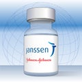 Anti Covid-19 vaccine vial with Janssen label, vector illustration