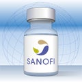 Anti Covid-19 vaccine vial with Sanofi label, vector illustration