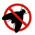 Anti fly, pest control. Stop insects sign. Silhouette of fly in forbidding circle, vector illsutration