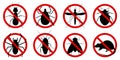 Anti pest control ban, prohibition parasitic insects. Stop, warning, forbidden bug icon set. No, prohibit signs of cockroaches, Royalty Free Stock Photo