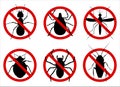 Anti pest control ban, prohibition parasitic insects. Stop, warning, forbidden bug icon set. No, prohibit signs of cockroaches,