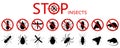 Anti pest control ban, prohibition parasitic insects. Stop, warning, forbidden bug icon set. No, prohibit signs of cockroaches, Royalty Free Stock Photo