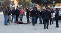 Anti police protest. Evening news under construction. Royalty Free Stock Photo