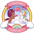 Anti racism, cute, happy afro unicorn and white unicorn holding hands