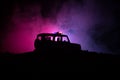 Anti-riot police give signal to be ready. Government power concept. Police in action. Smoke on a dark background with lights. Blue Royalty Free Stock Photo