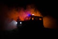 Anti-riot police give signal to be ready. Government power concept. Police in action. Smoke on a dark background with lights. Blue Royalty Free Stock Photo