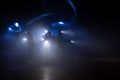 Anti-riot police give signal to be ready. Government power concept. Police in action. Smoke on a dark background with lights. Blue Royalty Free Stock Photo