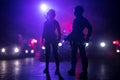 Anti-riot police give signal to be ready. Government power concept. Police in action. Smoke on a dark background with lights. Blue Royalty Free Stock Photo