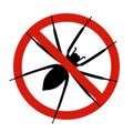 Anti spider, pest control. Stop insects sign. Silhouette of spider in red forbidding circle, vector illsutration