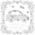 Anti stress abstract car, butterflies, square flowering frame hand drawn monochrome