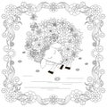 Anti stress abstract sheep, butterflies, square flowering frame hand drawn monochrome