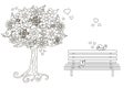 Anti stress blooming tree, birds with hearts, on bench hand drawn