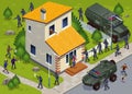 Anti Terror Operation of Special Police Forces with Armored Vehicles and Hostage Release Illustration isometric icons on isolated Royalty Free Stock Photo