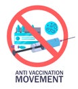 Anti vaccination movement sign, vector illustration. Anti vax protest, campaign, coronavirus covid-19 vaccine refusal.