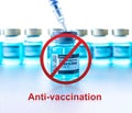 Anti-vaxxers. Anti Covid vaccine isolated on white. Red forbidden sign with Medical syringe, needle for protection flu virus. Royalty Free Stock Photo