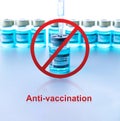Anti-vaxxers. Anti Covid vaccine isolated on white. Red forbidden sign with Medical syringe, needle for protection flu Royalty Free Stock Photo