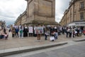 Anti war in Syria protest by men women and children holding banners and placards. Anti Assad, Anti Putin. Peaceful protest