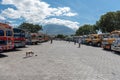 ANTIAGUA, GUATEMALA - NOVEMBER 14, 2017: Antigua Bus Station, Close to Guatemala City. Famous Chicken Bus in Background. Antigua i