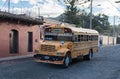 ANTIAGUA, GUATEMALA - NOVEMBER 11, 2017: Yellow Chicken Bus in Antigua, Close to Guatemala City. Antigua is Famous for its Spanish