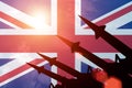 Antiaircraft rockets on background of United Kingdom flag