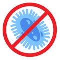 Antibacterial defence icon. Stop bacteria and viruses prohibition sign. Antiseptic. Blue bacteria in the red crossed-out circle.