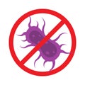 Antibacterial defence icon. Stop bacteria and viruses prohibition sign. Antiseptic. Bacteria in the red crossed-out circle. Vector