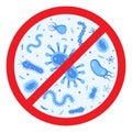 Antibacterial defence icon. Stop bacteria and viruses prohibition sign. Antiseptic. Various bacteria in the red crossed-out circle