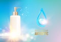 Antibacterial effect of antiseptic hand gel in bottle with golden elements. Antibacterial hygiene bottle with blue