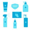 Antibacterial gel, disinfect, gloves, mask, spray bottle vector illustrations, icons set