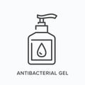 Antibacterial gel flat line icon. Vector outline illustration of hand sanitizer. Disinfectant plastic bottle with pump Royalty Free Stock Photo