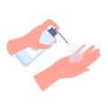 Antibacterial hand disinfection with spray, arms holding bottle with disinfectant product