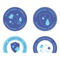 Antibacterial hand gel icons set, vector antimicrobial shield. Antiviral sanitizer protection shield sign. Stop bacteria and