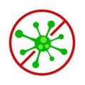 Antibacterial icon with green virus in red circle for design on white. No bacteria vector sign Royalty Free Stock Photo