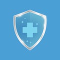 Antibacterial sanitizer or antiseptic label. Antimicrobial, resistant badge. Symbol of protection. Blue shield with silver trim.