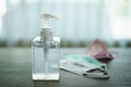 Antibacterial transparent hand sanitizer gel in a plastic bottle with surgical mask corona virus covid-19 text written
