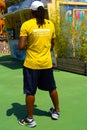 Antibe, France. 26.07.2020 Man in yellow t-shirt team covid. Health care. Character covid protection team for medical