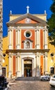 Our Lady of Immaculate Conception Cathedral church at Rue de Saint Espirit street in historic old town of Antibes in France Royalty Free Stock Photo