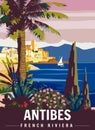 Antibes French Riviera Retro Poster. Tropical coast scenic view, palm, Mediterranean marine, sea town.