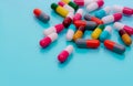 Antibiotic capsule pills on blue background. Prescription drugs. Colorful capsule pills. Antibiotic drug resistance concept.