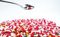 Antibiotic capsules pills in stainless steel spoon Royalty Free Stock Photo