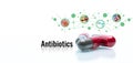 Antibiotic drugs. Prescription drugs. Antibiotic capsule pills. Antibiotic drug selection. Antibiotic drug research and