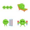 Antibiotic resistance icons set cartoon vector. Bacteria defeating medication