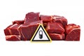 Antibiotics residue and harmful bacteria in meat for human consumption concept, showing chunks of red meat with yellow warning sig Royalty Free Stock Photo