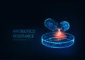 Antibiotics resistance concept. Futuristic low polygonal antibiotics pills, bacteria on Petri dish.